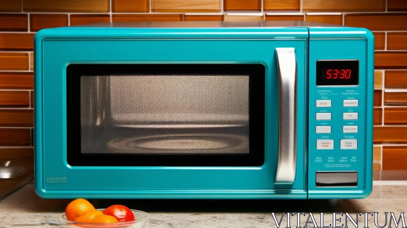 Blue Retro Microwave Oven in Kitchen AI Image