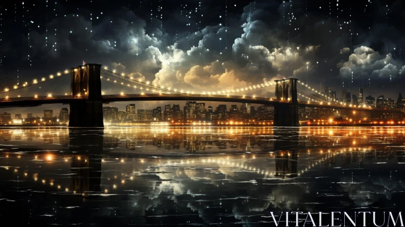 AI ART Brooklyn Bridge Night View - Urban Cityscape Reflection
