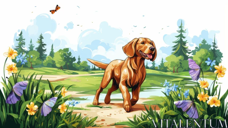 Cheerful Cartoon Golden Retriever Dog in Field AI Image