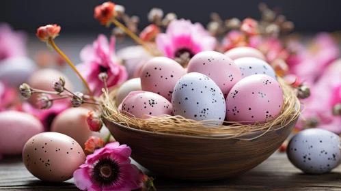 Colorful Easter Eggs in Wooden Bowl with Flowers
