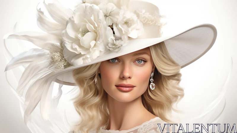 AI ART Elegant Woman in White Hat with Flowers - Fashion Portrait
