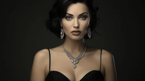 Elegant Young Woman in Black Evening Gown and Diamond Jewelry
