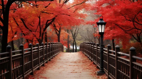 Enchanting Wooden Bridge in Park with Red Leaves