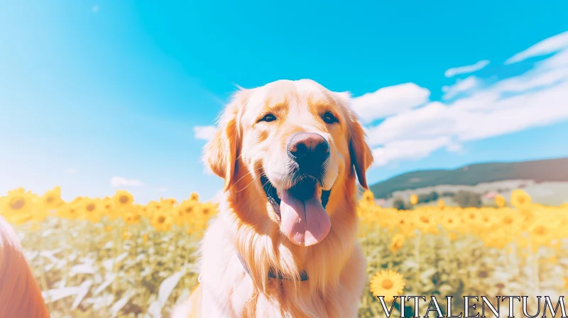 Golden Retriever Dog in Sunflower Field AI Image