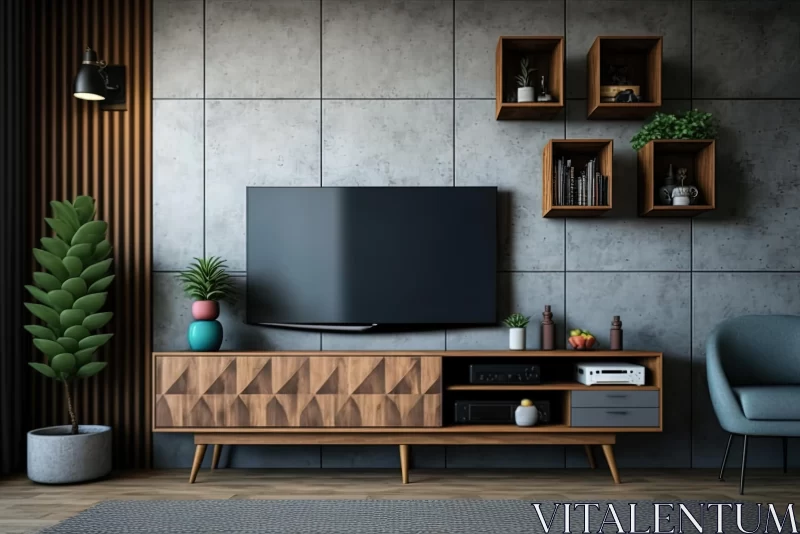 Modern Interior TV Corner with Shelves and Table - Vintage Atmosphere AI Image