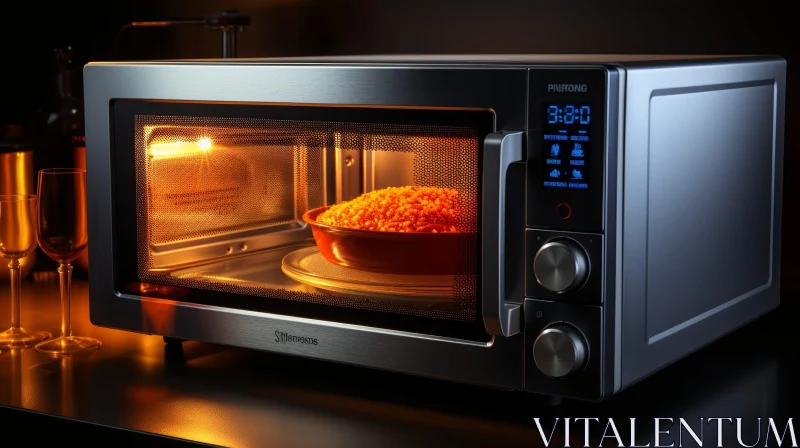 Modern Microwave Oven with Food Heating and Wine Glasses AI Image