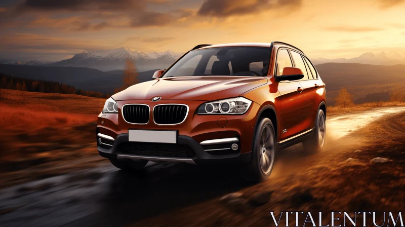 Orange BMW SUV Driving Down the Road - Hyperrealistic Rendering AI Image