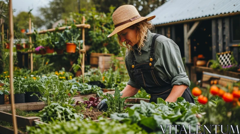Serene Gardening Scene: Woman Planting in Greenery AI Image