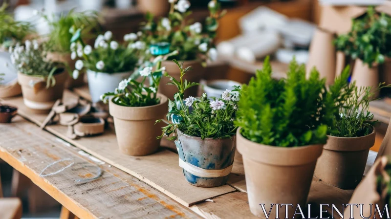 Serenity in Nature: Green Potted Plants on Wooden Table AI Image