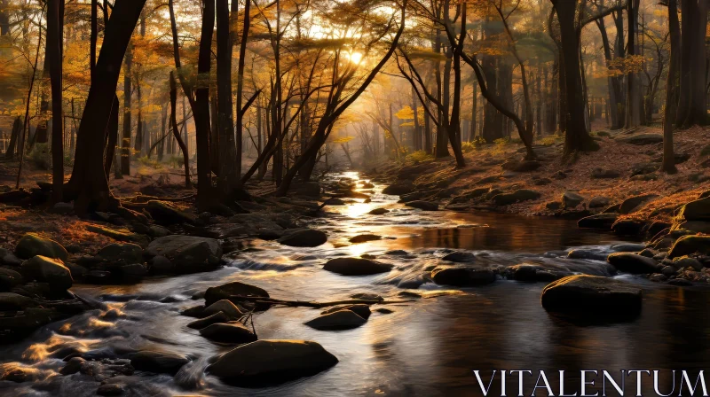 Tranquil Forest Landscape with River and Sunlight AI Image