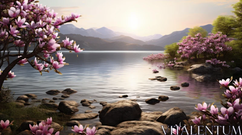 AI ART Tranquil Lake and Mountain Landscape at Sunset