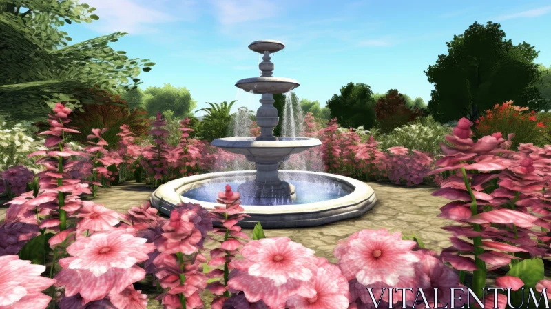 Tranquil Marble Fountain in Formal Garden AI Image