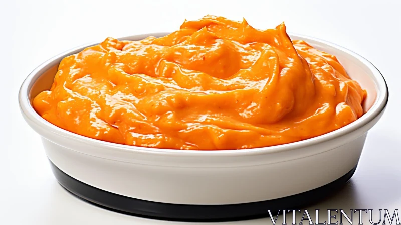 Velvety Orange Cheese Sauce in a White Bowl AI Image