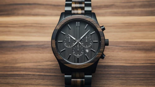 Black Wooden Case Wristwatch with Subdials
