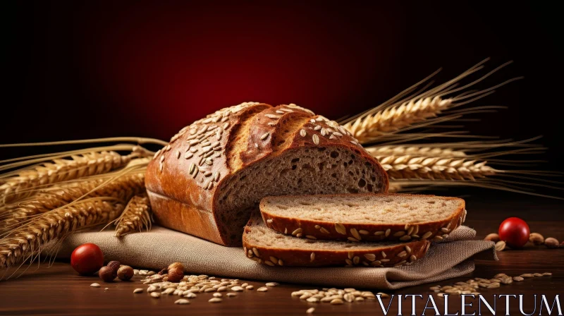 Bread and Wheat Still Life: Simple Elegance in Dark Red Background AI Image