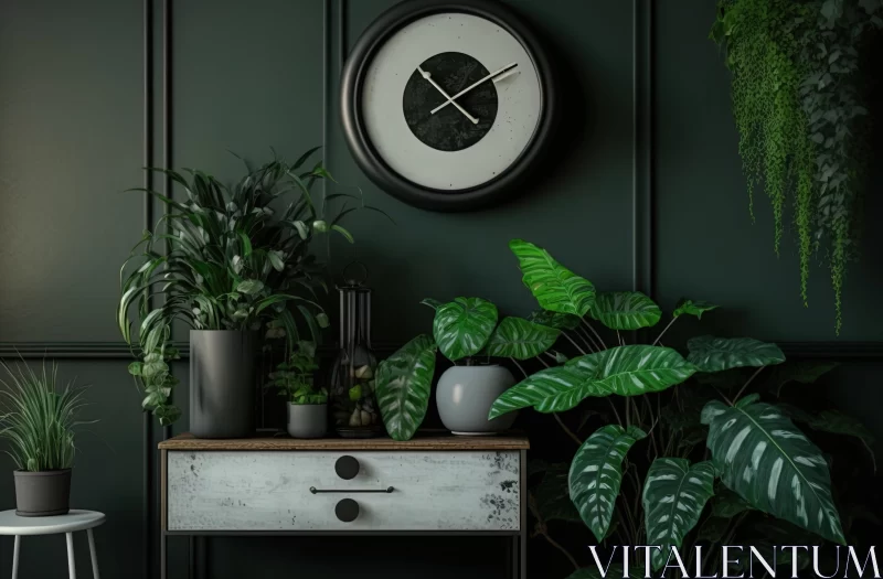 Captivating Black Room with Table, Plant, Clock, and Greenery AI Image
