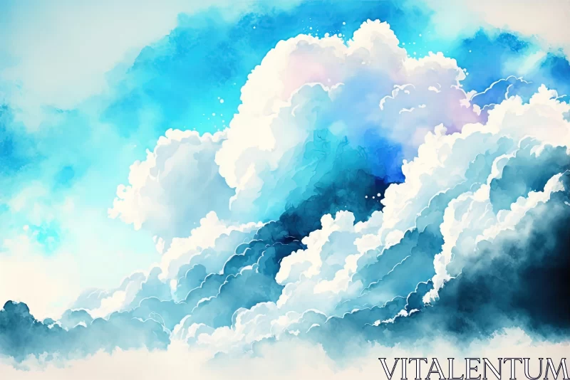 Captivating Watercolor Painting of Dreamy Clouds in a Blue Sky AI Image