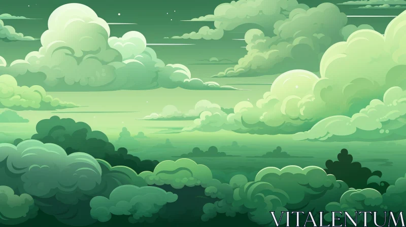 Green Cartoon Landscape with Dreamy Sky AI Image