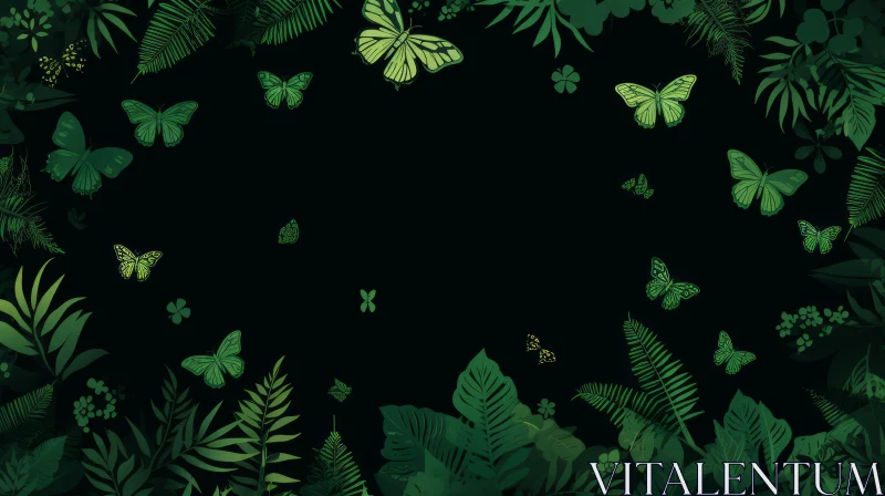 Green Leaves and Butterflies Circle Art AI Image