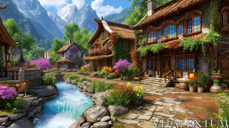 Mountain Village Landscape: Serene Nature Scene AI Image