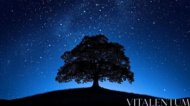 Night Landscape: Tree Silhouette under Starry Sky AI Image