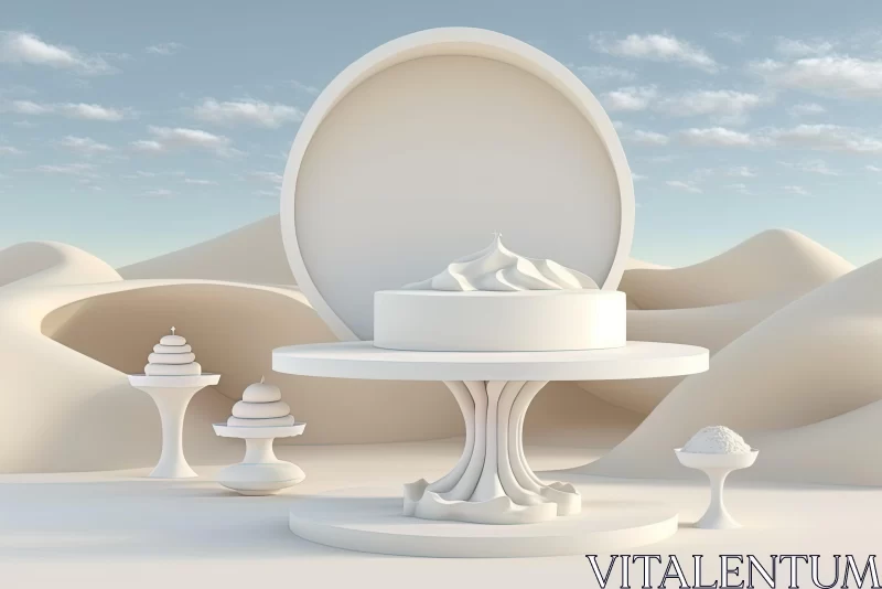 White Cake Stand in the Desert: Surrealistic Realism Artwork AI Image