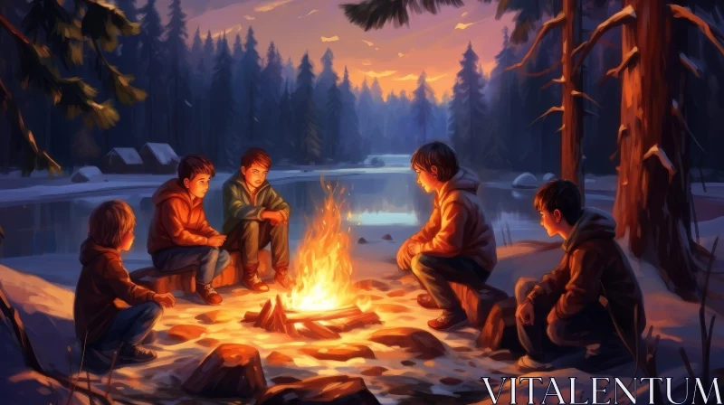 Campfire Gathering in Snowy Woods AI Image