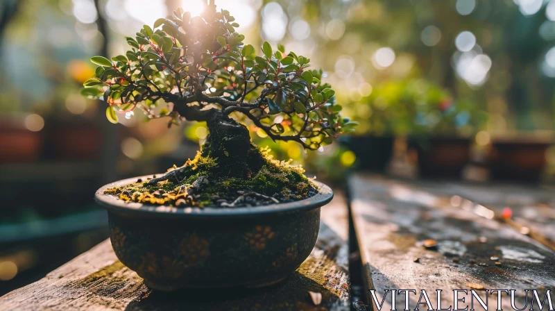 Close-Up Bonsai Tree in Ceramic Pot Outdoors AI Image