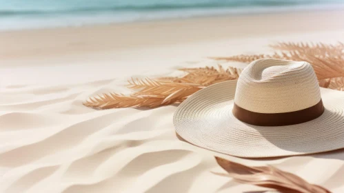 Close-up Straw Hat on Sand with Palm Leaves and Ocean Background
