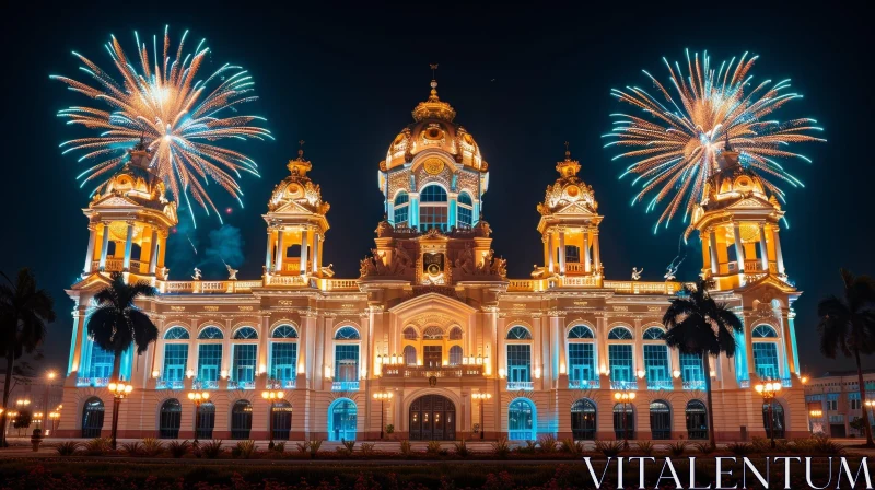 Enchanting Historical Building with Clock Tower and Fireworks AI Image
