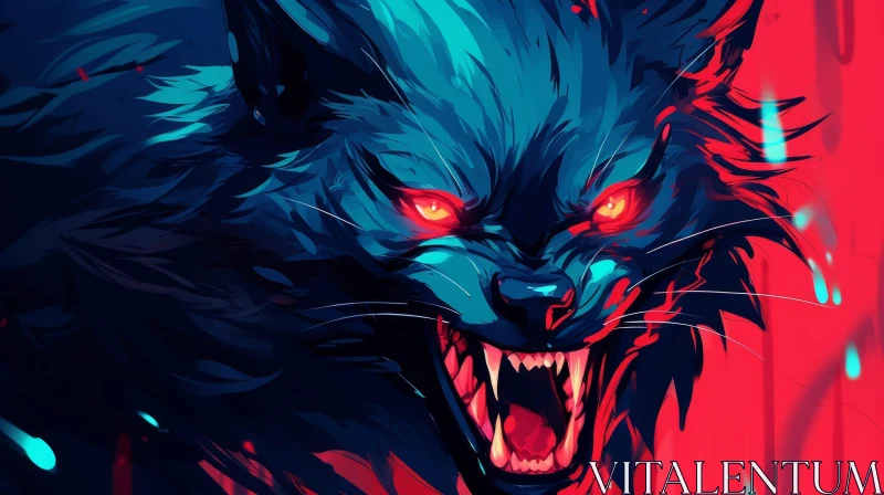 AI ART Fierce Wolf Digital Painting - Blue Fur, Red Eyes