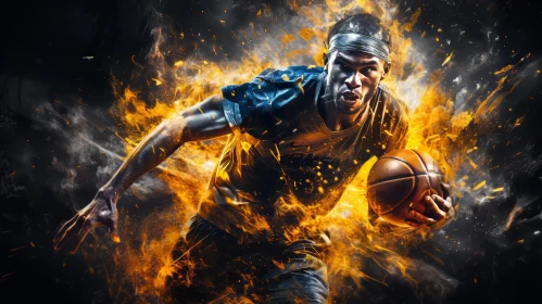 Fiery Basketball Player Dribbling - Intense Sports Action