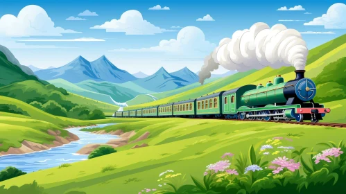 Green Steam Locomotive in Lush Valley
