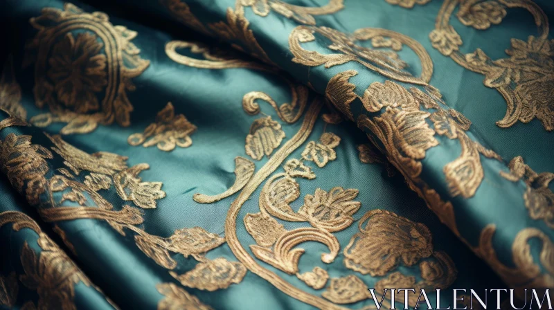 Luxurious Green Fabric with Golden Floral Pattern AI Image
