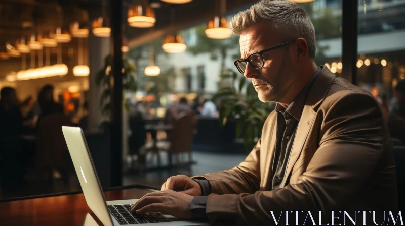Man in Cafe Working on Laptop AI Image