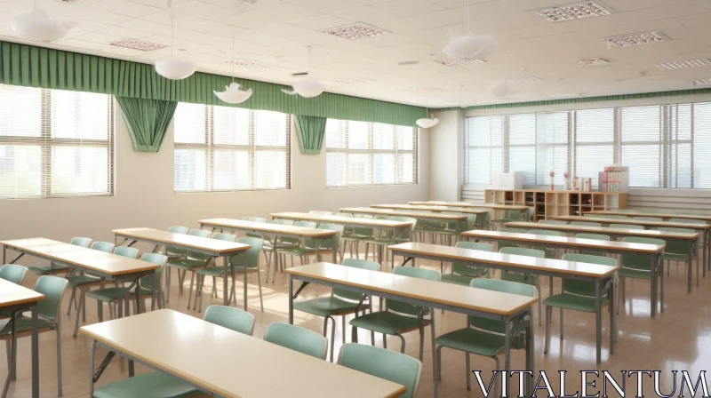 Serene Classroom Interior with Wooden Desks and Chalkboard AI Image