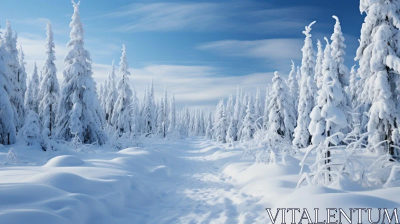Tranquil Winter Forest Scene with Snow and Sunshine AI Image