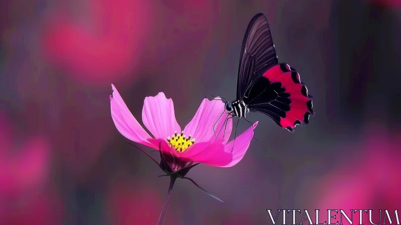 AI ART Black and Red Butterfly on Pink Flower - Surreal Nature Image