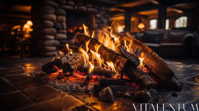 Burning Fireplace Close-Up: Cozy & Inviting Ambiance AI Image
