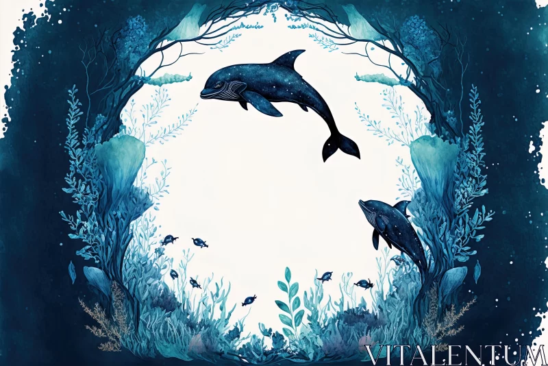 Captivating Watercolor Painting of Dolphins and Trees AI Image