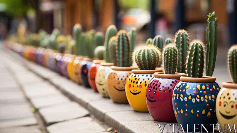 Colorful Ceramic Pots with Cacti - Outdoor Display AI Image