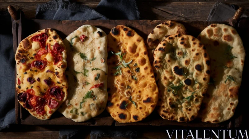 Delicious Flatbread Varieties on Wooden Board AI Image