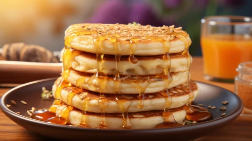Delicious Pancakes with Sesame Seeds and Honey on Plate
