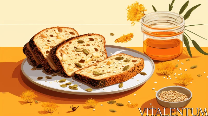 Delicious Still Life: Plate of Bread and Jar of Honey AI Image