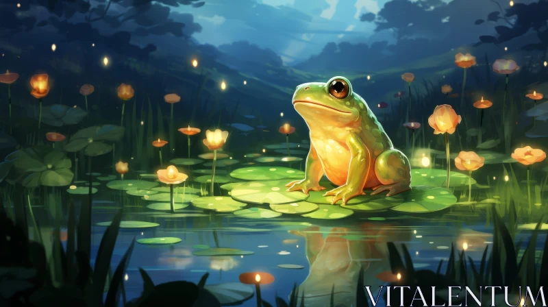 Enchanting Frog on Lily Pad Pond Painting AI Image
