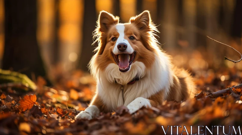 Happy Border Collie Dog in Woods with Fallen Leaves AI Image