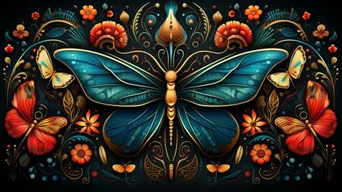 Intricate Butterfly and Flowers Digital Artwork
