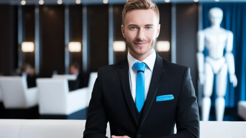 Smiling Businessman in Hotel Lobby