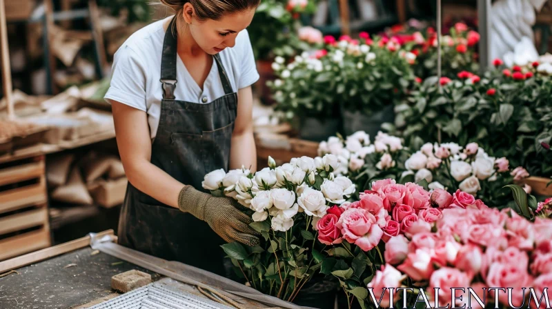 Woman Arranging Bouquet in Flower Shop AI Image