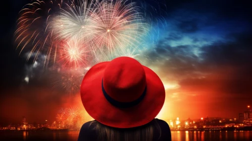 Woman in Red Hat Watching Colorful Fireworks Over City